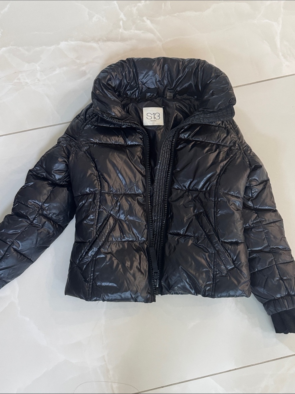 Kids S13 Black Quilted Puffer Coat with High Collar